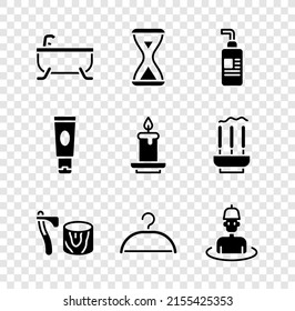 Set Bathtub, Sauna hourglass, Cream or lotion cosmetic tube, Wooden axe in stump, Hanger wardrobe, Man the sauna,  and Aroma candle icon. Vector