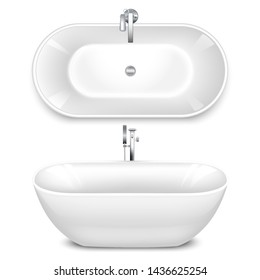 A set of Bathtub in the shape of a bowl. Top and side view. Mixers of water taps. Realistic style Isolated on white background. Vector illustration.