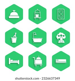 Set Bathtub with shower, Covered tray, Air conditioner, Five stars rating review, Hotel room bed, Champagne an ice bucket, Lift and service bell icon. Vector