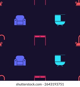 Set Bathtub with shower curtain, Armchair, Wooden table and Water tap on seamless pattern. Vector