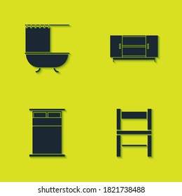 Set Bathtub with shower curtain, Chair, Big bed and TV table stand icon. Vector.