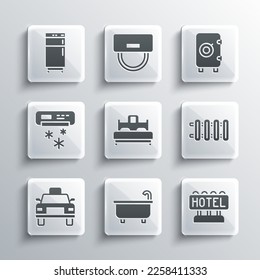 Set Bathtub, Signboard with text Hotel, Heating radiator, Bedroom, Taxi car, Air conditioner, Refrigerator and Safe icon. Vector