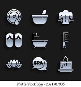 Set Bathtub, Spa salon, Aroma candle, Hairbrush, Lotus flower, Flip flops, Massage and Sauna thermometer icon. Vector