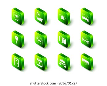 Set Bathtub, Stars rating, Bedroom, Sofa, Air conditioner, Telephone handset, Taxi car and Hotel booking calendar icon. Vector
