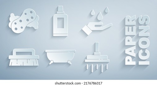 Set Bathtub, Washing hands with soap, Brush for cleaning, Shower head, Bottle agent and Sponge icon. Vector