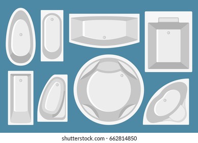 Set of bathtubs in flat style. Top view. Vector iilustration.