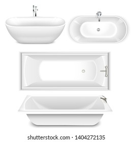 Set of bathtubs top and side view. Faucets water taps. Realistic style. Isolated on white background. Vector illustration.