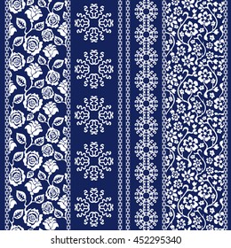 Set of batik bohemian borders. Damask seamless pattern, leaves stripes, gypsy and ethnic motifs. Ethnic textile collection. White on dark blue.