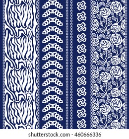 Set of batik bohemian borders. Roses seamless pattern, animal print, gypsy and ethnic motifs. Ethnic textile collection. White on dark blue.