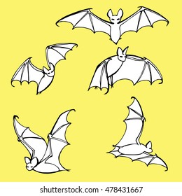 Set bats. Collection of bats. Flying bats. Halloween. Cartoon bats. Line art. Drawing by hand. Doodle. Tattoo.