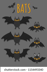 Set of bats with different shapes flying on grey background. Funny cartoon animals. Vector illustration. Design for Halloween party decoration.
