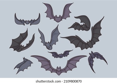 Set of bats flying. Collection for Halloween holiday celebration or party decoration. Flat design, vector illustration. 