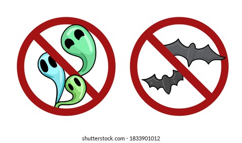 Set of bats and ghost in prohibition signs. Ban on Halloween. Prohibition of witchcraft. Vector holiday badges for labels, logos, banners and your designs.