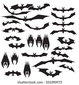 Set bats Halloween vector illustration hanging upside down and in flight, to print labels and office decoration, crafts, template for cutting