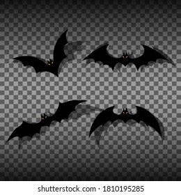 
Set of bats on an isolated transparent background.Flittermouse night creatures illustration. 
Traditional symbols of Halloween, their silhouettes.
Stock vector illustration
