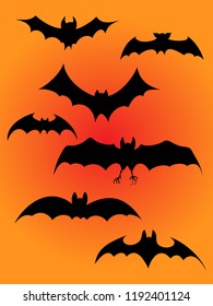 Set of bats silhouettes, flying bats collection, hand drawing