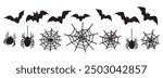 Set of bats, spiders, and cobwebs isolated on white. Vector illustration of traditional Halloween decorative elements, featuring black spider and web silhouettes for design decor.