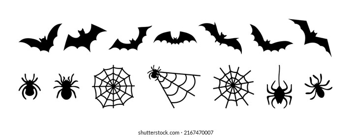 Coloca murciélagos, arañas y telarañas, aislados sobre fondo blanco. Ilustración vectorial, elementos decorativos tradicionales de Halloween. Siluetas de Halloween arañas negras y telaraña, murciélagos - para decoración de diseño