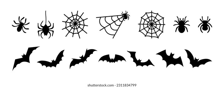 Coloca murciélagos, arañas y telarañas, aislados sobre fondo blanco. Ilustración vectorial, elementos decorativos tradicionales de Halloween. Siluetas de Halloween arañas negras y telaraña, murciélagos - para decoración de diseño