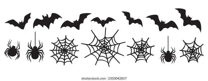 Set of bats, spiders, and cobwebs isolated on white. Vector illustration of traditional Halloween decorative elements, featuring black spider and web silhouettes for design decor.