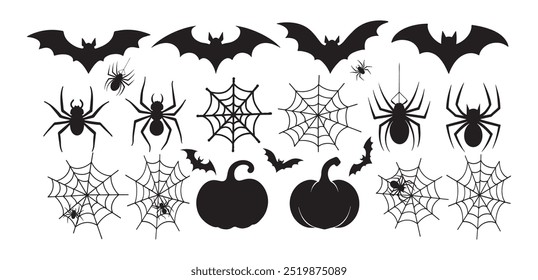 Conjunto de morcegos, aranhas e teias de aranha, isolados sobre um fundo branco. Ilustração vetorial de elementos decorativos tradicionais de Halloween. Ideal para decoração assustadora e projetos com tema de Halloween.