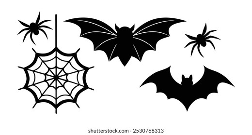 Set bats, spiders and cobwebs, isolated on white background. Vector illustration, traditional Halloween decorative elements. Halloween silhouettes black spiders and spider web, bats 