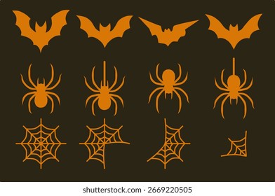 Conjunto de murciélagos, arañas y telarañas aisladas. Ilustración vectorial de Elementos decorativos tradicionales de Halloween, con siluetas de araña negra y Web para la decoración de diseño.