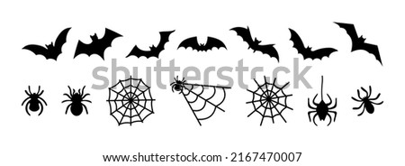 Set bats, spiders and cobwebs, isolated on white background. Vector illustration, traditional Halloween decorative elements. Halloween silhouettes black spiders and spider web, bats - for design decor