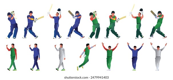 Set of batsman and baller playing cricket on the field in a colorful background illustration