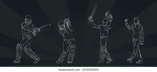 Set of batsman playing cricket line art in black background illustration