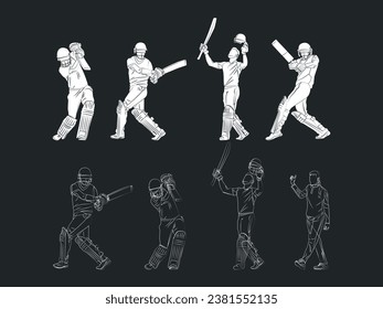 Set of batsman playing cricket line art in black background illustration