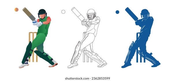 Set of a batsman playing cricket on the field illustration, line art and silhouette.
