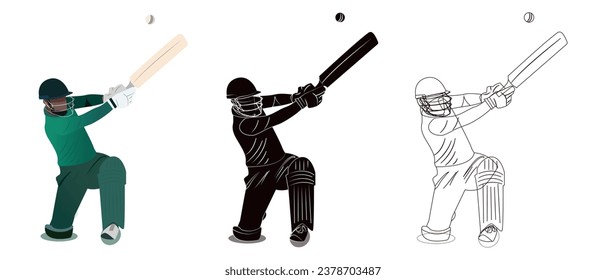 Set of a batsman playing cricket on the field illustration, line art and silhouette.