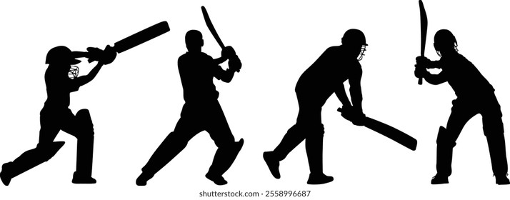 A set of batsman playing cricket silhouette vector design. isolated on transparent background.