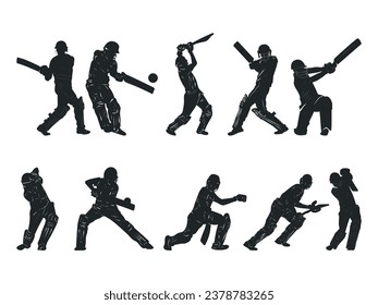 Set of batsman silhouette  playing cricket on the field. Black and white.