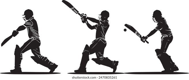 Set of batsman silhouette playing cricket on the field. Black and white