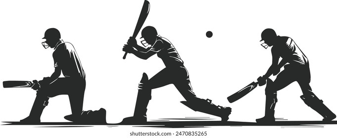 Set of batsman silhouette playing cricket on the field. Black and white