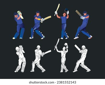 Set of batsmen playing cricket. Colorful illustration and Silhouette art. svg