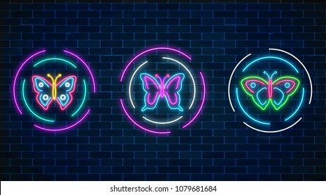 Set of batterfly glowing neon signs in round frames on dark brick wall background. Spring flyer emblem set in circle. Night street advertising symbols. Vector illustration.