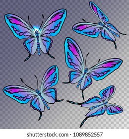 Set batterfly isolated on transparent. Iridescent butterflies.