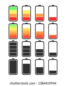 A set of batteries of different charge levels. White background. Multicolored and black and white.