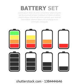 A set of batteries of different charge levels. White background. Multicolored and black and white.