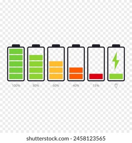 Set of batteries with different charge levels, indicator, energy sign.