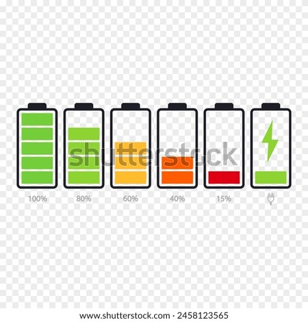 Set of batteries with different charge levels, indicator, energy sign.