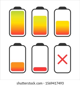 Set of batteries of different charge on white background. Vector illustration.
