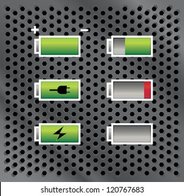 set of batteries with different level of charge, on metal background, illustration