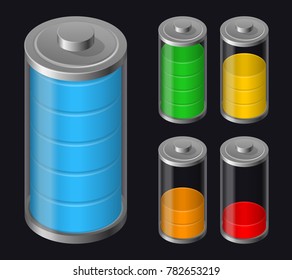 Set Batteries Icon. Various Types Charged Transparent Glass Battery. Isolated on Black Background
