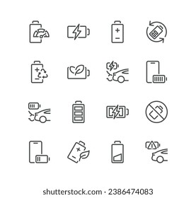 Set of batteries related icons, car charge, recycle, voltage, phone battery charging, battery life time and linear variety vectors.