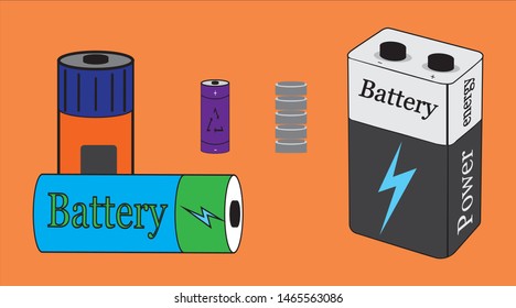 Set of batteries. Vector graphics. On an orange background. Stock vector illustration. There is a place for text.