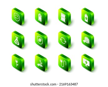 Set Battery, Barrel, Hand holding Earth globe, Lightning bolt, Refresh, Electric plug and Plant hand icon. Vector